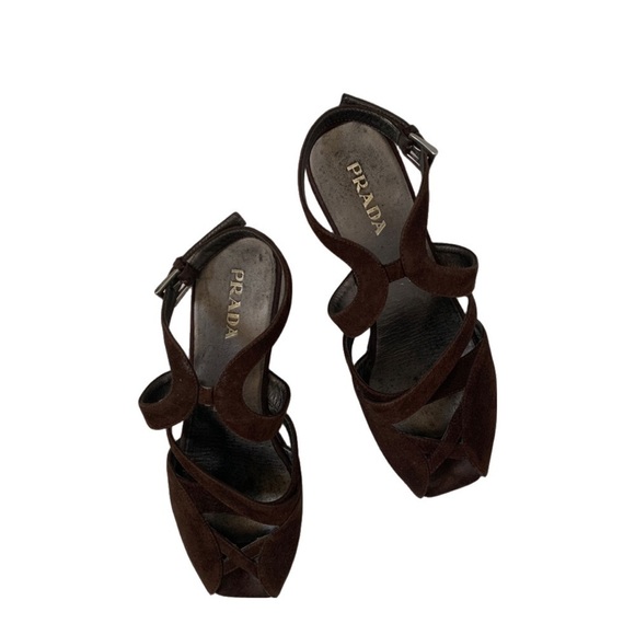 Prada Calzature Donna Ankle Strap Suede Leather Peep Toe Wedge Heel, Brown sz 38 - Picture 3 of 9